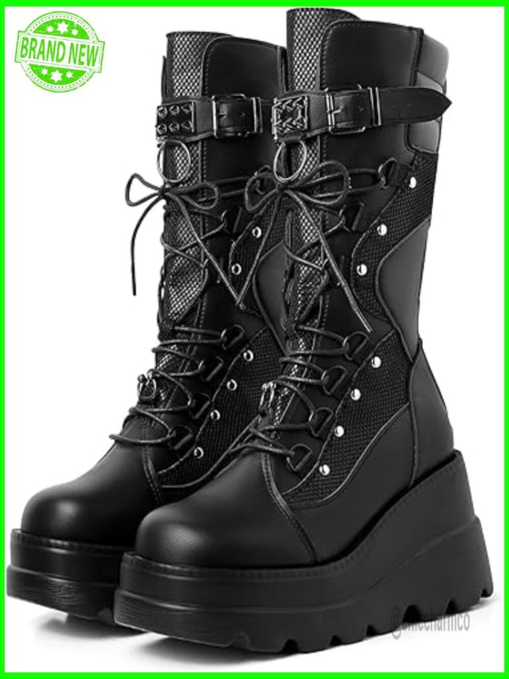 Holographic Platform Mid Calf Combat Boots Lace Up Wedge Goth Boots